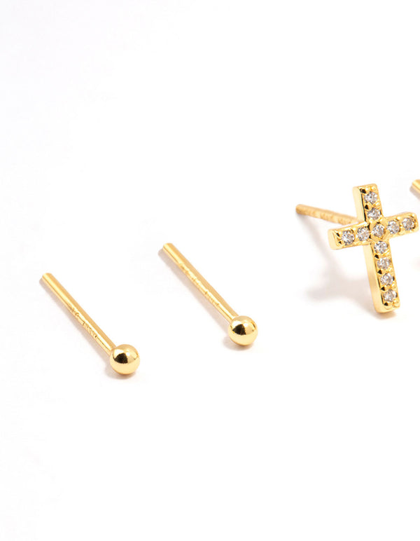 Gold Plated Sterling Silver Cubic Zirconia Cross Earrings 2-Pack