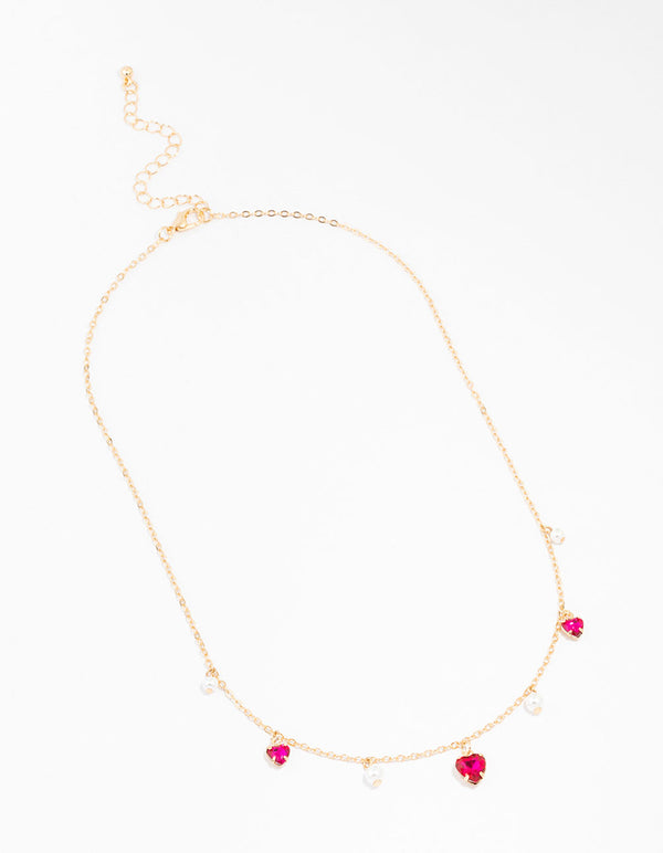 Gold Pearl And Diamante Heart Droplet Necklace