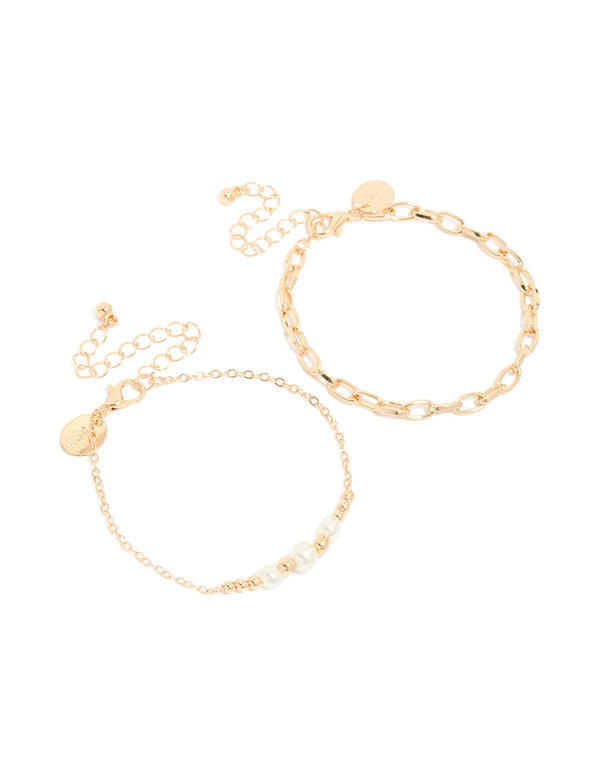 Gold Chain Link & Pearl Bracelets 2-Pack