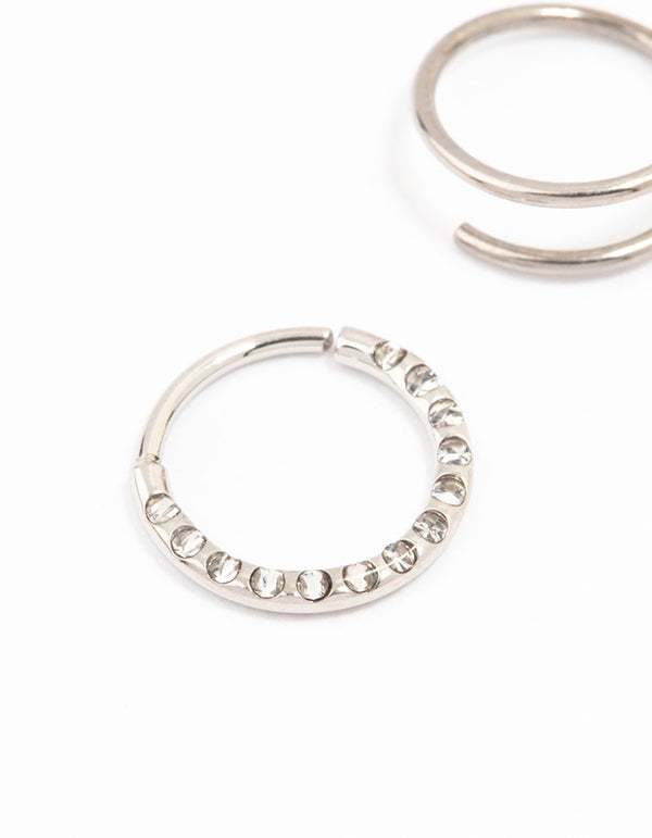 Surgical Steel Cubic Zirconia And Spiral Nose Ring 2-Pack