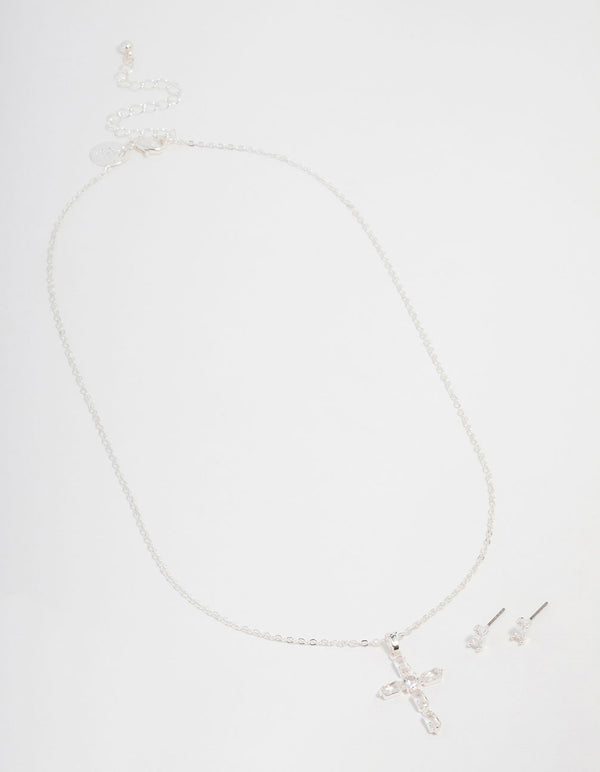 Silver Plated Diamante Cross Necklace & Stud Earrings Set