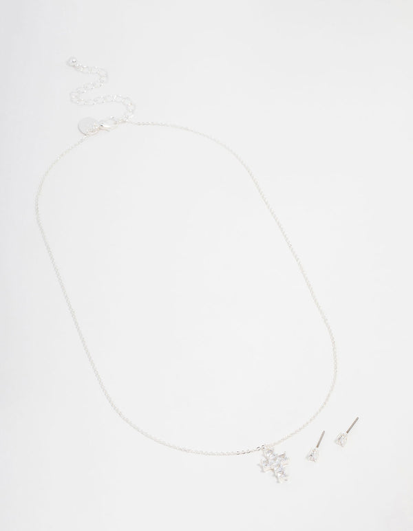Silver Plated Cubic Zirconia Mini Cross Necklace & Stud Earrings Set