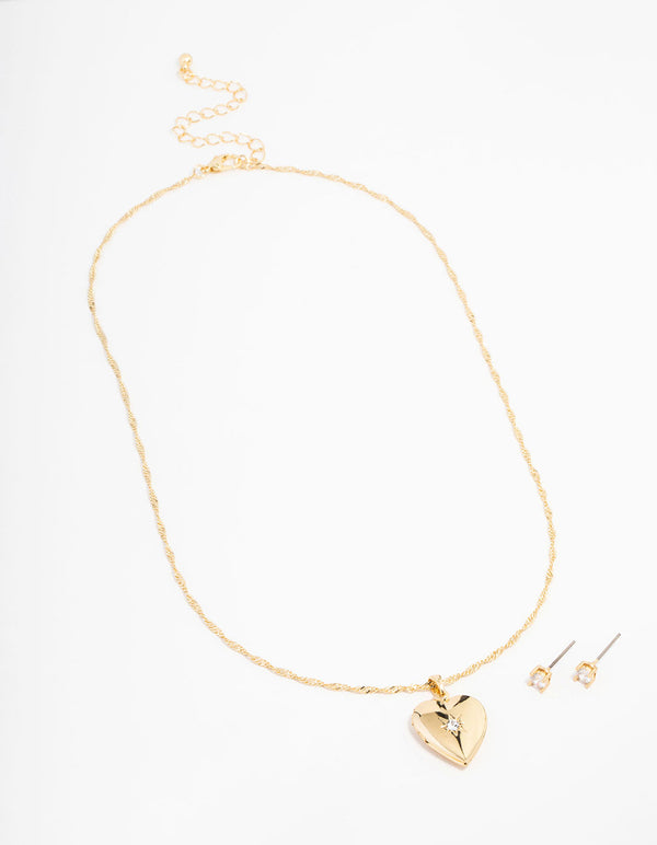 Gold Plated Cubic Zirconia Heart Locket Necklace & Stud Earrings Set