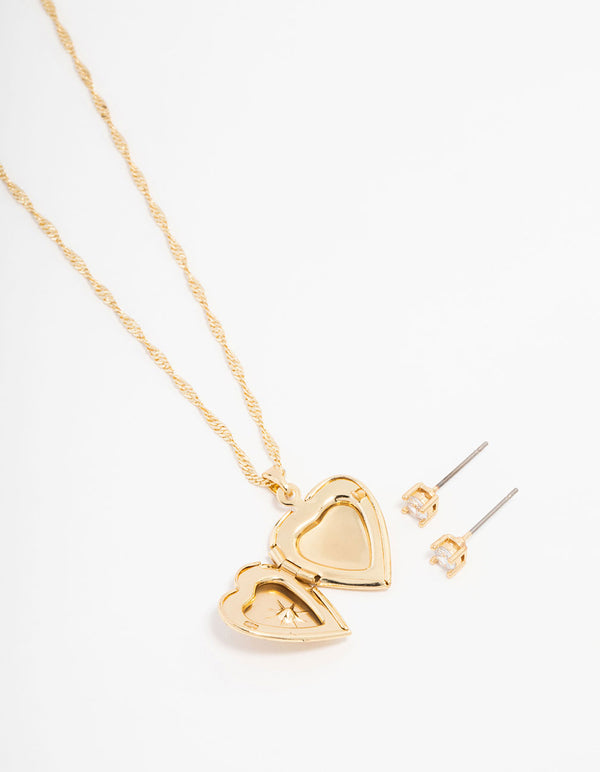 Gold Plated Cubic Zirconia Heart Locket Necklace & Stud Earrings Set