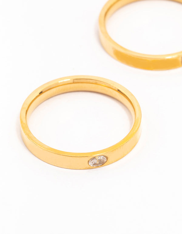 Elegant waterproof gold plated stainless steel stacking rings with cubic zirconia in a 3-pack close up view