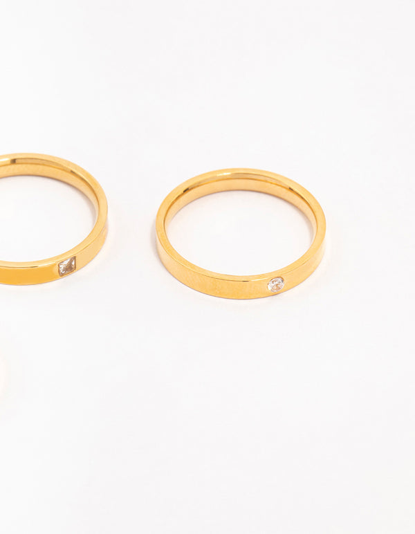 Beautiful waterproof gold plated stainless steel stacking rings featuring cubic zirconia in a 3-pack side detail view