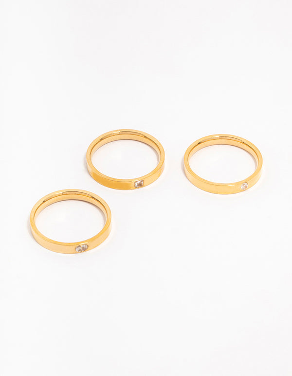 Showcasing waterproof gold plated stainless steel stacking rings featuring cubic zirconia in a 3-pack front view
