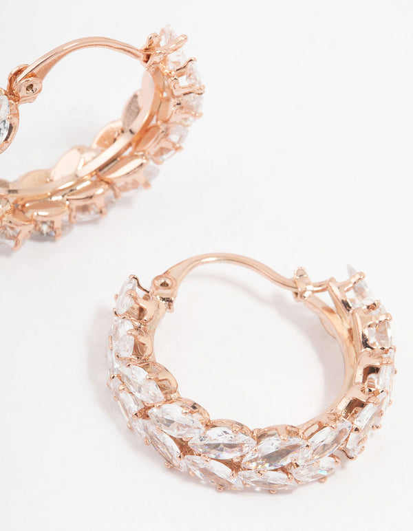 Rose Gold Plated Cubic Zirconia Marquise Herring Hoop Earrings