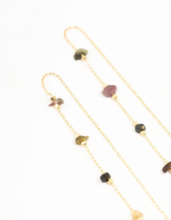 Gold Plated Station Semi Precious Thread Through Earrings