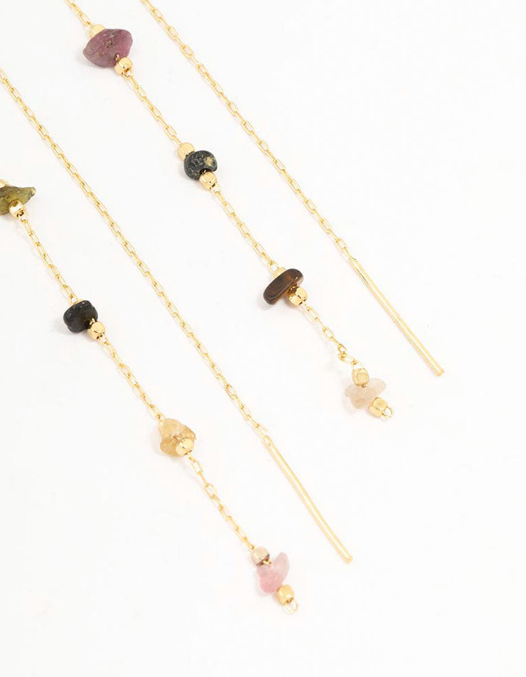 Gold Plated Station Semi Precious Thread Through Earrings