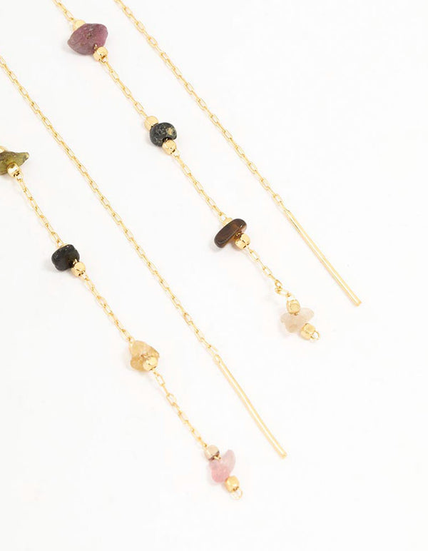 Gold Plated Station Semi Precious Thread Through Earrings