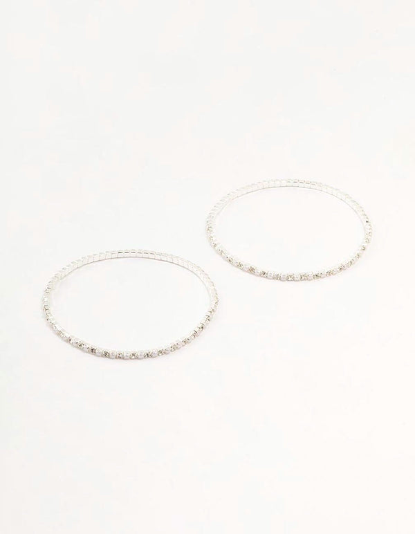 Silver Plated Alternating Mini Cubic Zirconia & Pearl Bracelets 2-Pack