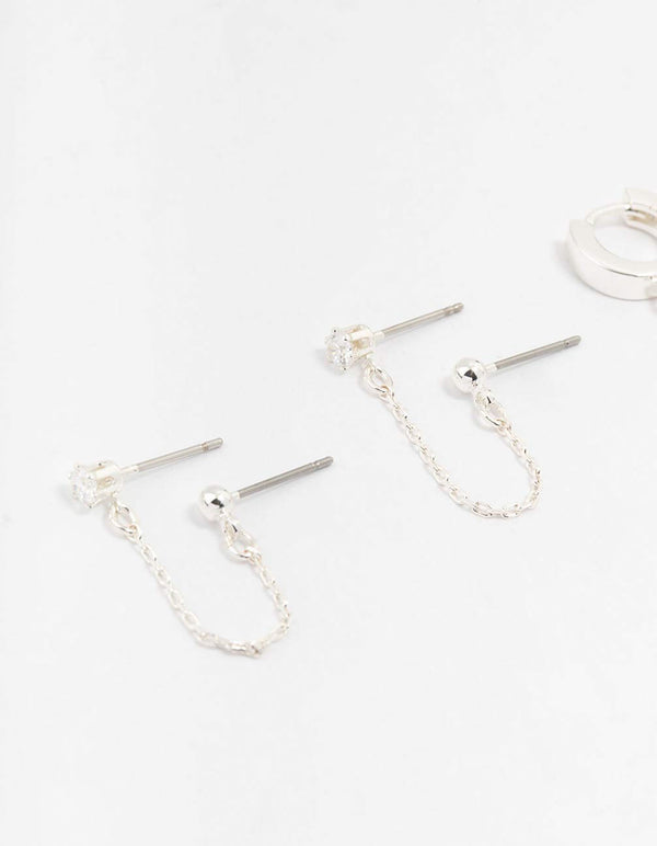 Silver Cubic Zirconia Chain Stud & Hoop Earrings 3-Pack