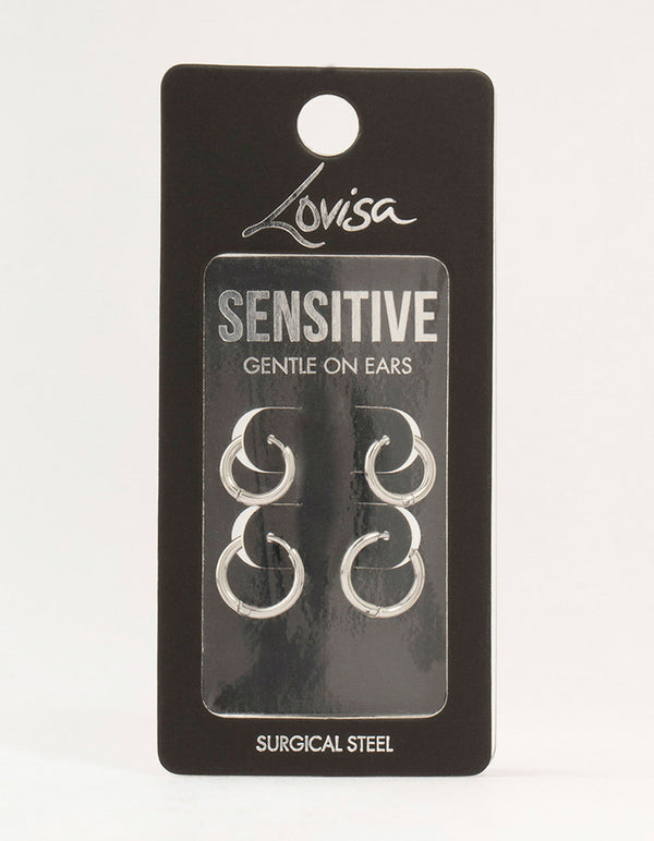 Showcasing surgical steel classic hoop earrings in a 2-pack with silver finish front view