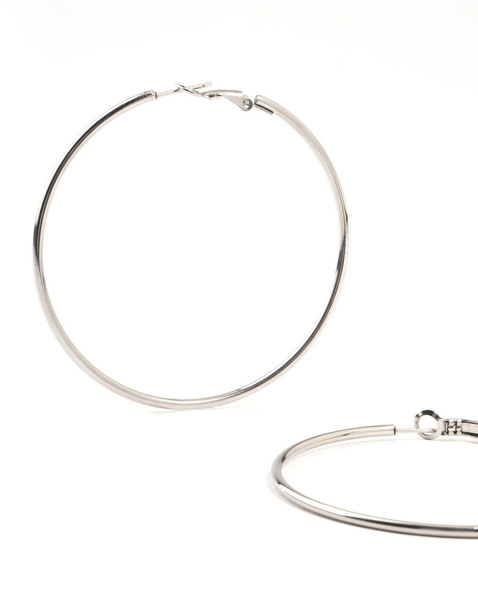 Showcasing Surgical Steel Classic Hoop Earrings 60MM in silver close up view