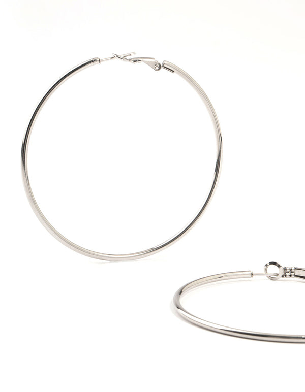 Showcasing Surgical Steel Classic Hoop Earrings 60MM in silver close up view
