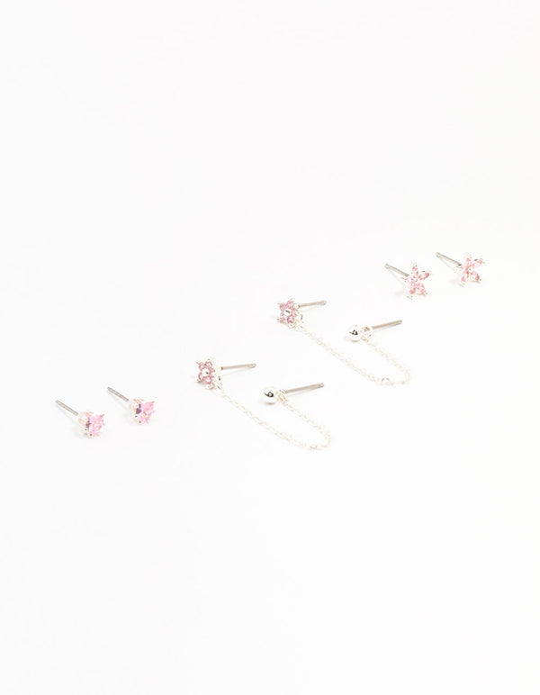 Beautifully designed silver plated brass heart flower chain earrings in a 3-pack featuring floral charm accents with pink and silver tones front view