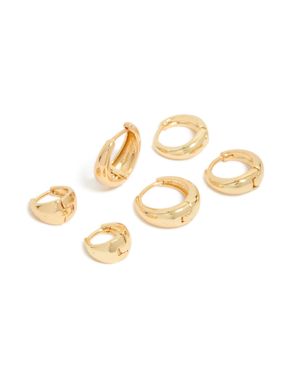 Classic Gold Plated Brass Chunky Hoop Earrings 3-Pack