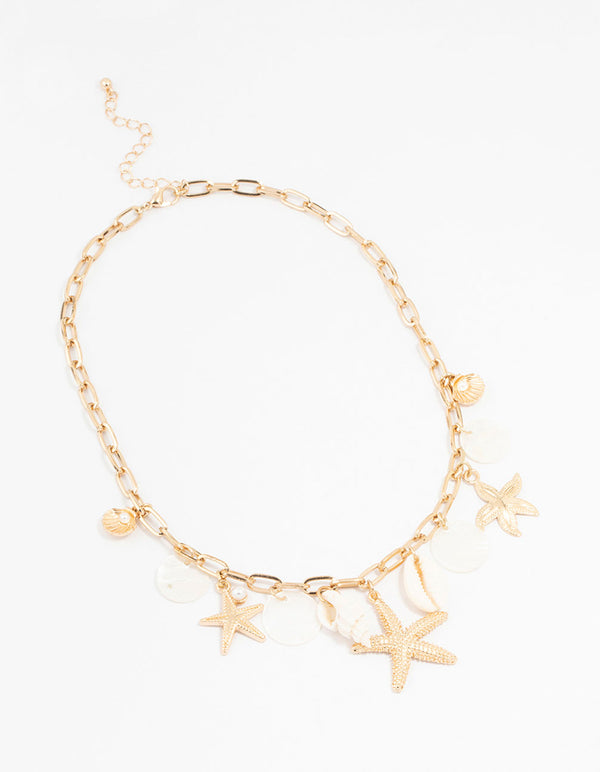 Gold Plated Mixed Charm Shell And Stone Necklace