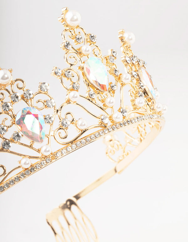 Gold Pear Shaped Stones & Pearls Tiara