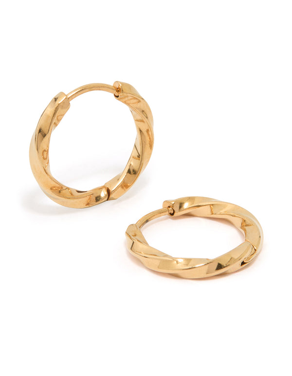 Beautifully crafted waterproof gold plated stainless steel twisted hoop earrings front view