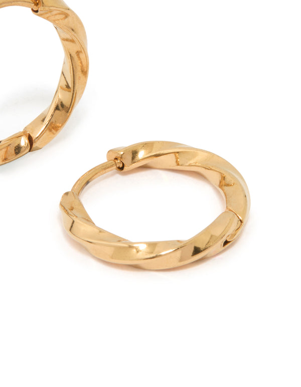 Highlighting waterproof gold plated stainless steel twisted hoop earrings post detail view