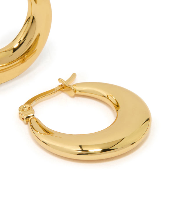 Waterproof gold plated stainless steel crescent hoop earrings post detail view