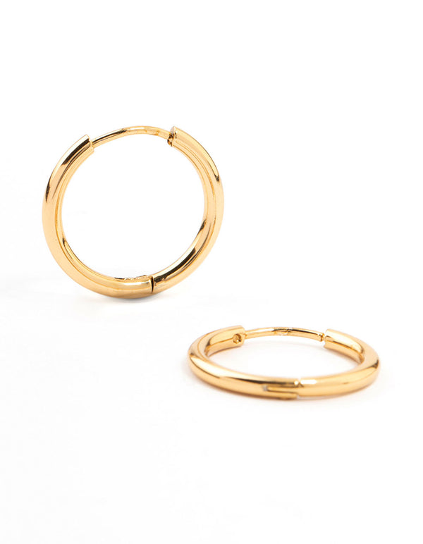 Showcasing waterproof gold plated stainless steel thin clicker earrings in 18 MM size front view