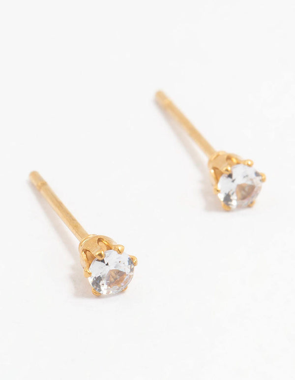 Beautifully crafted waterproof gold plated stainless steel cubic zirconia stud earrings in 3 MM size front view