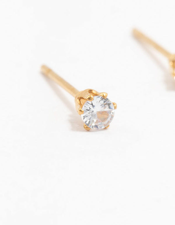 Highlighting waterproof gold plated stainless steel cubic zirconia stud earrings in 3 MM size close up view