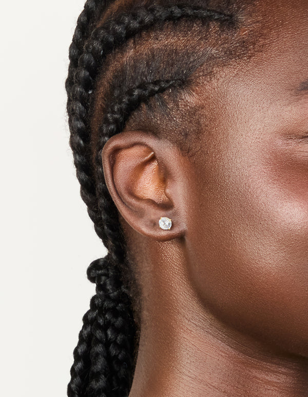 Showcasing waterproof gold plated stainless steel cubic zirconia 5 MM stud earrings on ear view