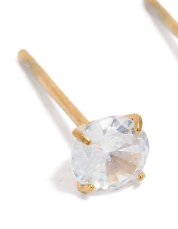 Crafted from waterproof gold plated stainless steel with cubic zirconia 5 MM stud earrings close up view