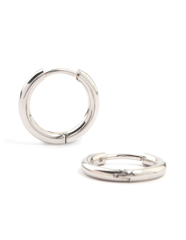 Crafted from waterproof stainless steel core clicker earrings in 14mm chunky style with huggie closure and silver color front view