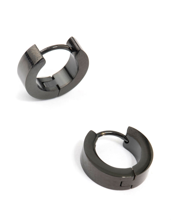 Designed with waterproof black coated stainless steel wide huggie earrings in close up view