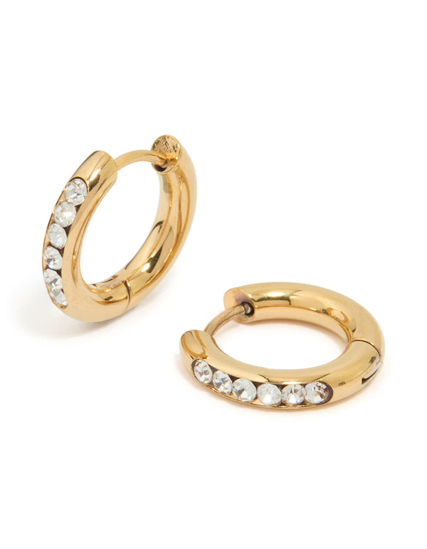 Waterproof Gold Plated Stainless Steel Round Diamante Clicker Hoop Earrings