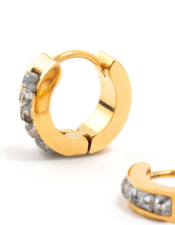 Waterproof Gold Plated Stainless Steel Square Cut Diamante Huggie Earrings