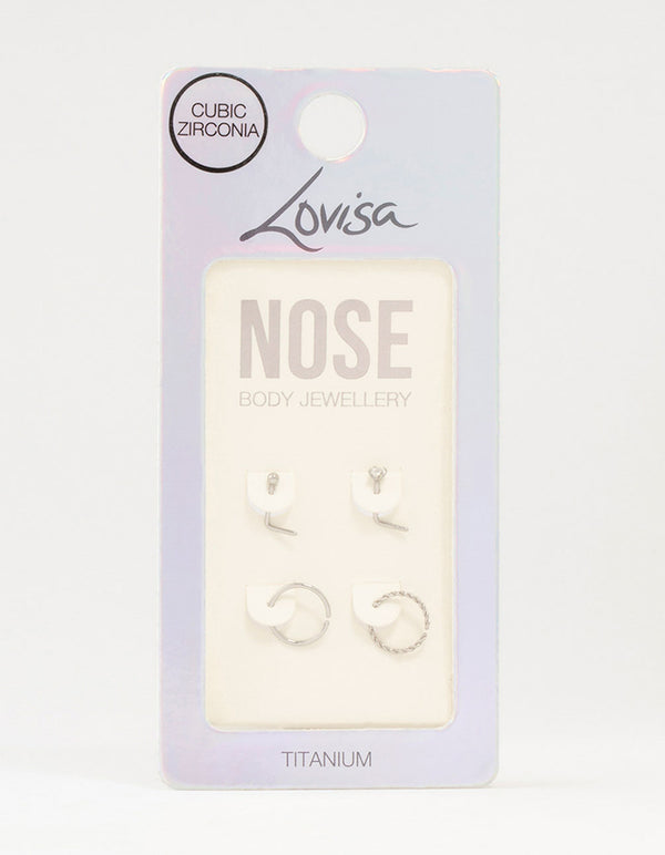 Titanium Diamante Twisted Nose Rings 4-Pack