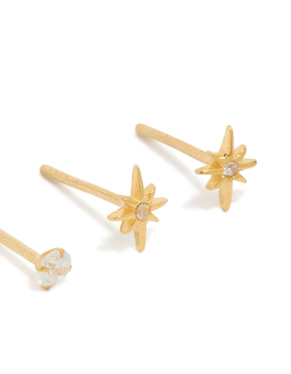 Presenting mini starburst celestial design gold plated sterling silver earrings in a 2-pack post detail view