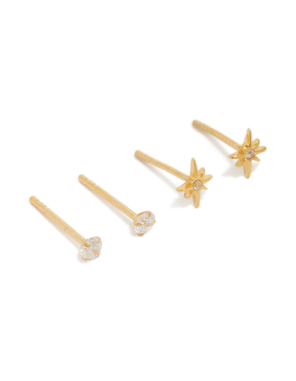 Showcasing mini starburst celestial detailing gold plated sterling silver earrings in a 2-pack front view