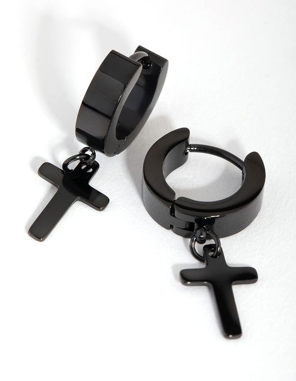 Black Coated Surgical Steel Cross Huggie Earrings