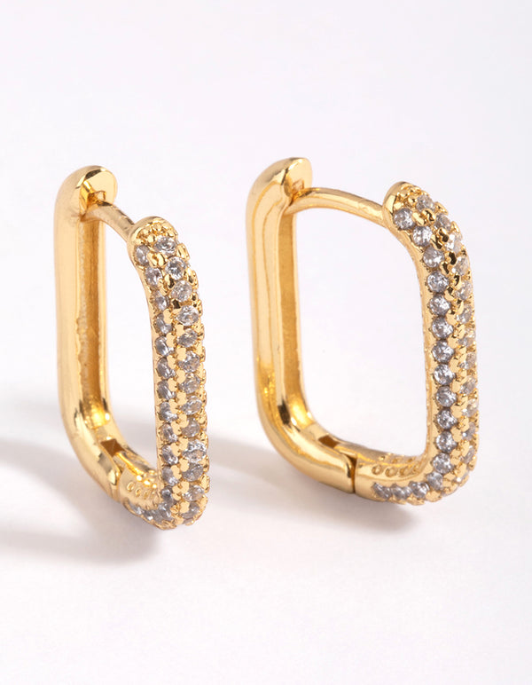 Gold Plated Cubic Zirconia Pave Rectangle Hoop Earrings