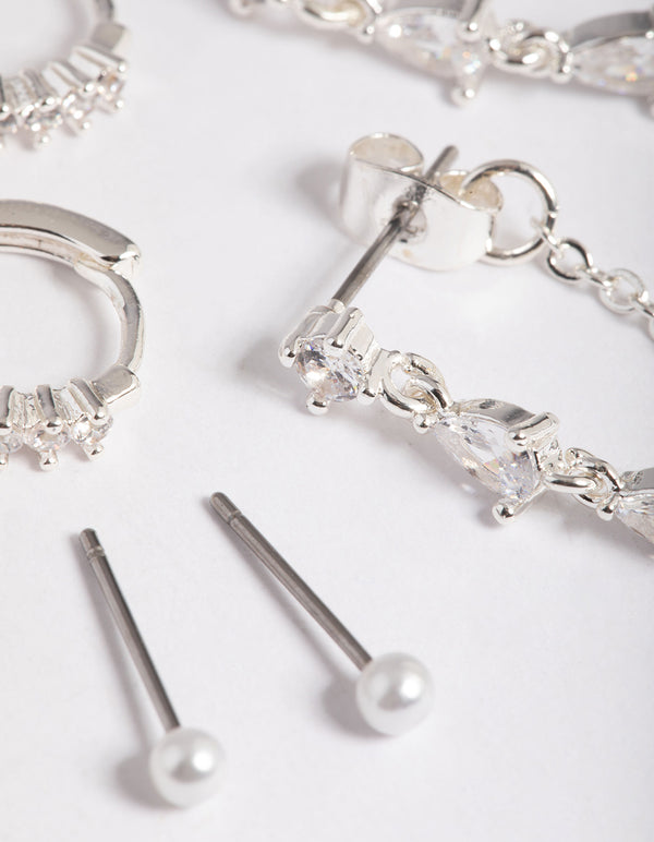 Silver Plated Cubic Zirconia Pear Chain Earrings 6-Pack