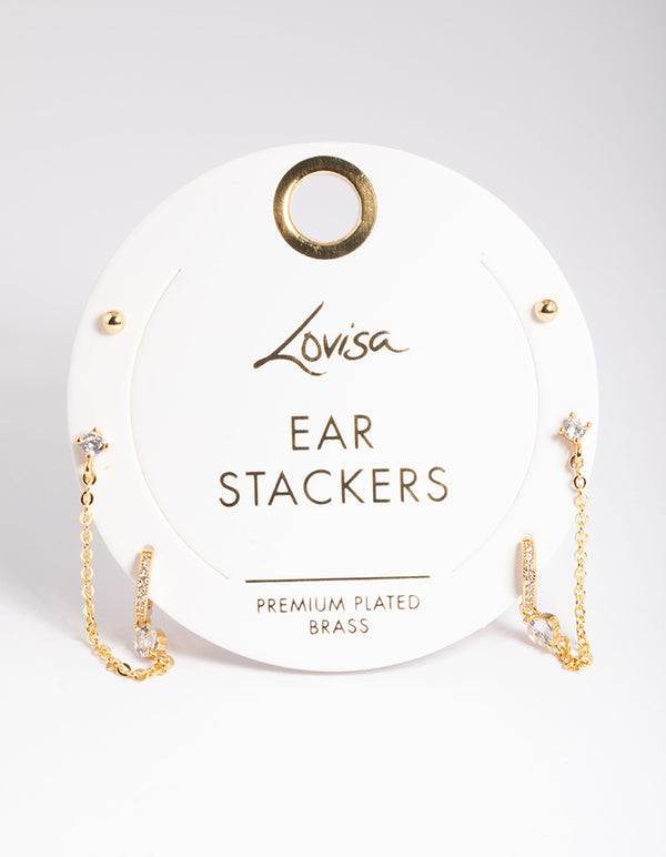 Gold Plated Cubic Zirconia Pave Huggie Chain Earrings 6-Pack