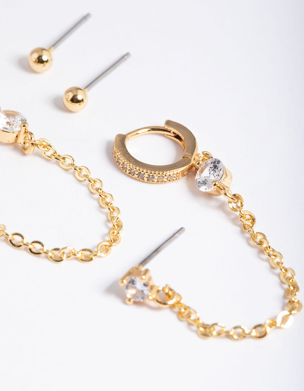 Gold Plated Cubic Zirconia Pave Huggie Chain Earrings 6-Pack