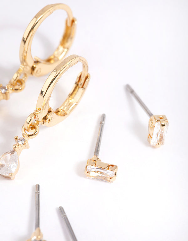Gold Plated Crystal Pear Huggie Earrings 6-Pack