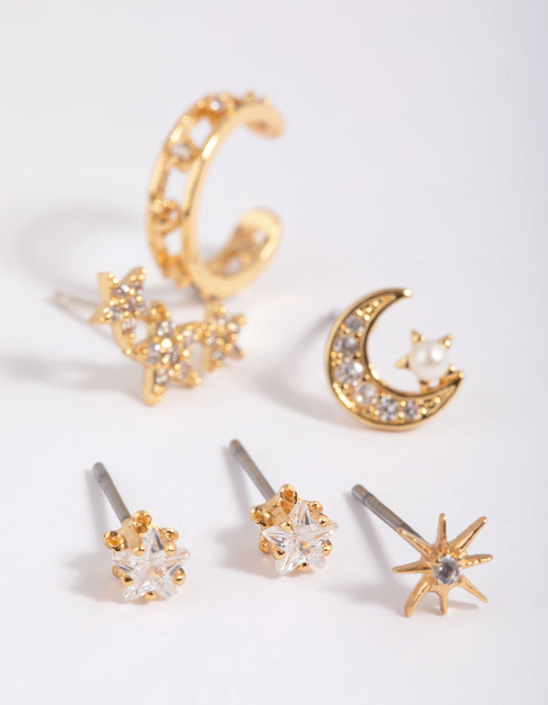 Gold Plated Cubic Zirconia Celestial Stud Earrings 6-Pack