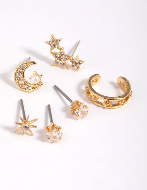 Gold Plated Cubic Zirconia Celestial Stud Earrings 6-Pack