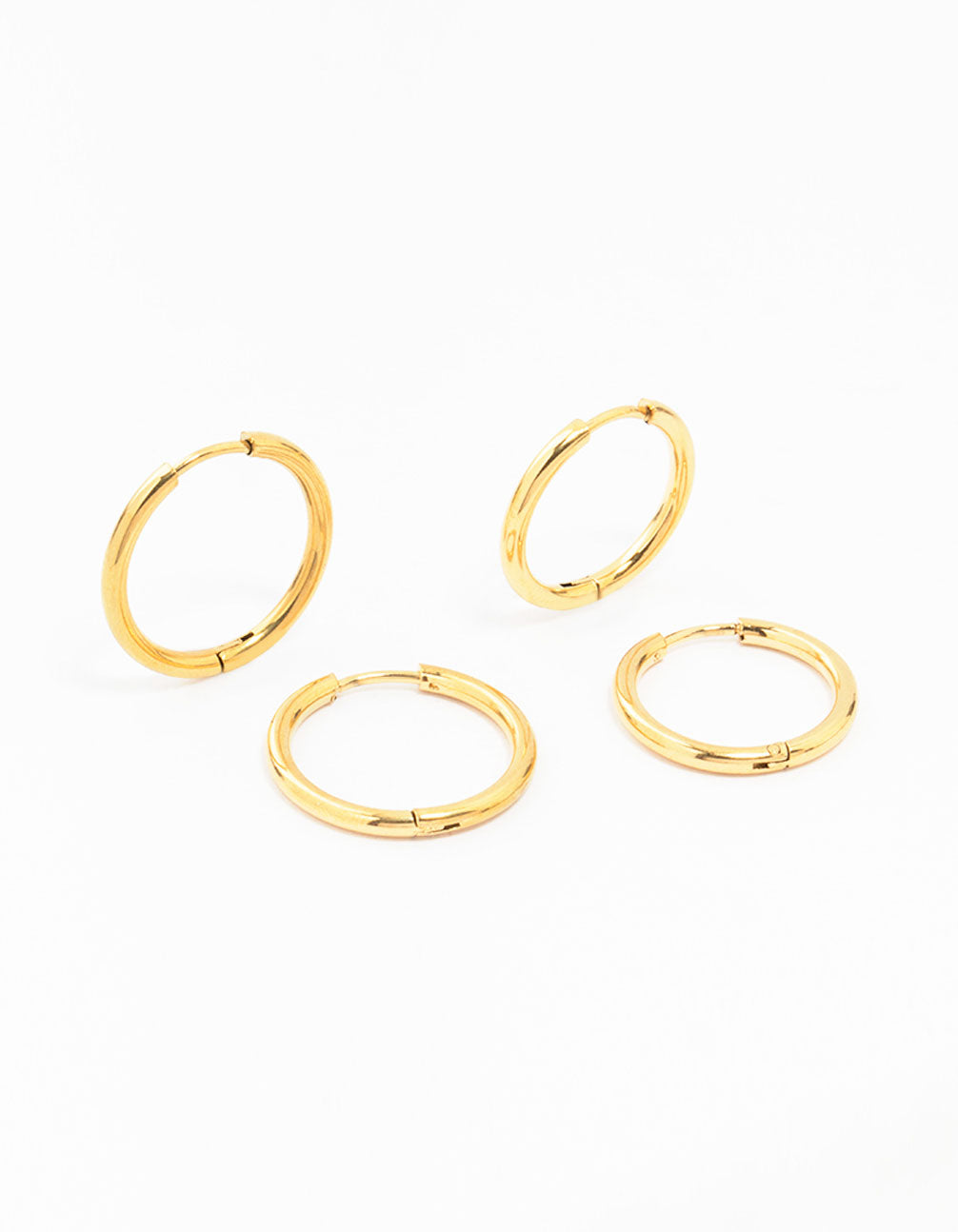 Showcasing waterproof mini hoop earrings crafted from gold plated stainless steel in a 2-pack front view
