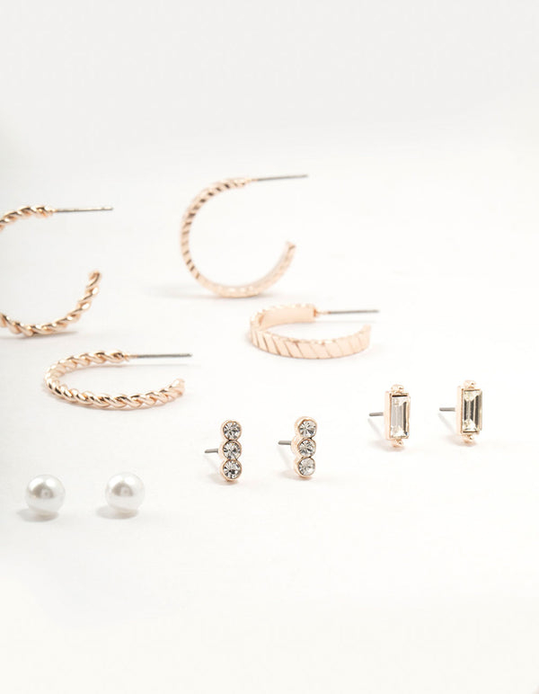 Rose Gold Diamante Pearl Hoop Earrings 8-Pack