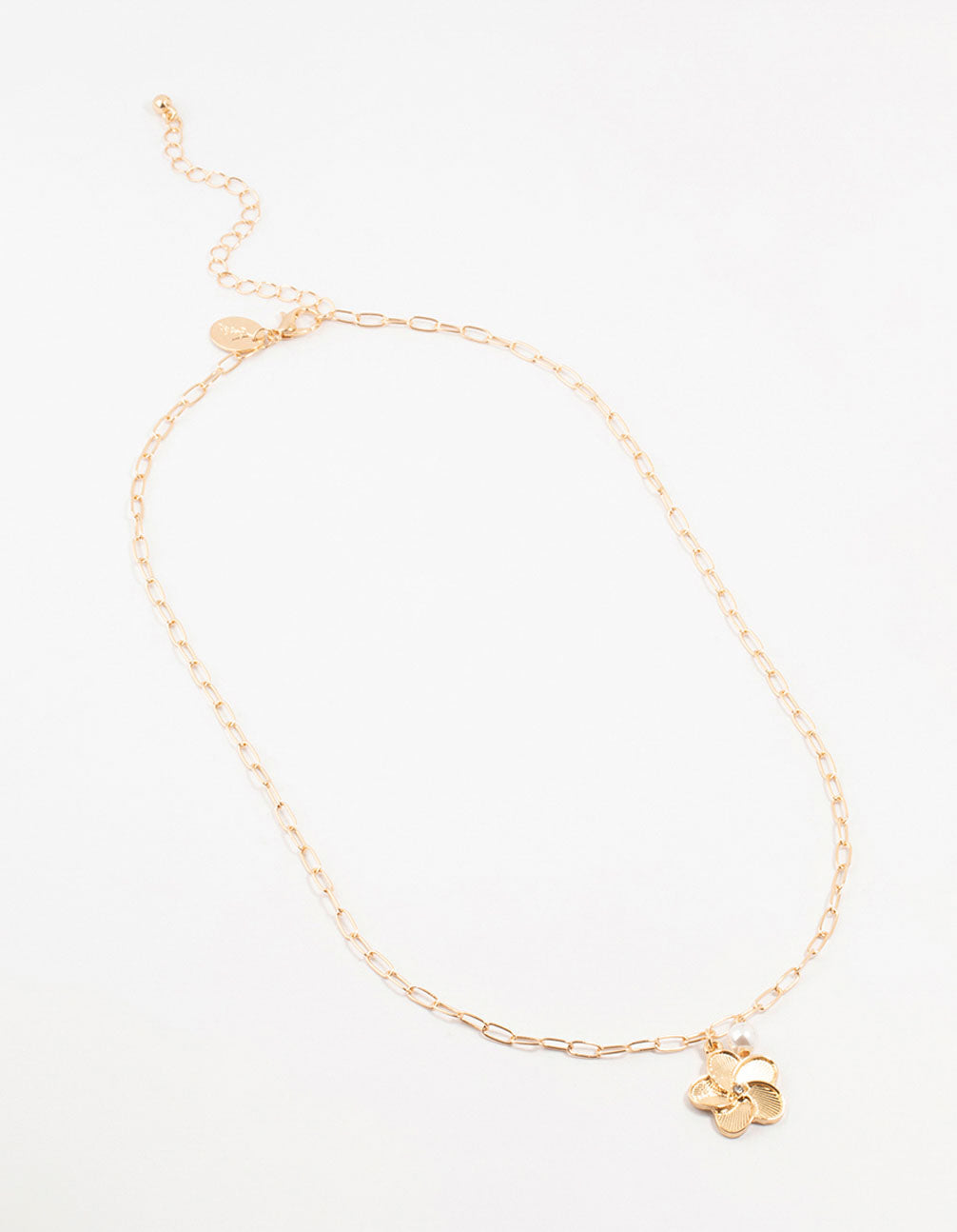 Gold Paperclip Flower Pearl Necklace